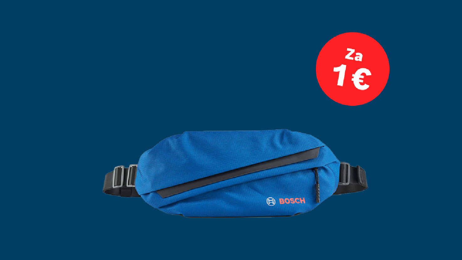 Modrá bedrová taška od Boschu s čiernym zipsom a nastaviteľným pásom na modrom pozadí.