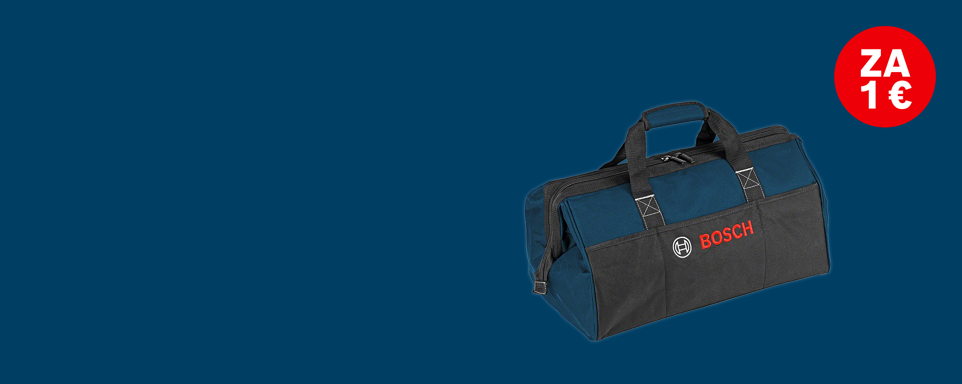 Čierna a modrá taška na náradie od Bosch s dvoma rukoväťami na jednolatom pozadí.