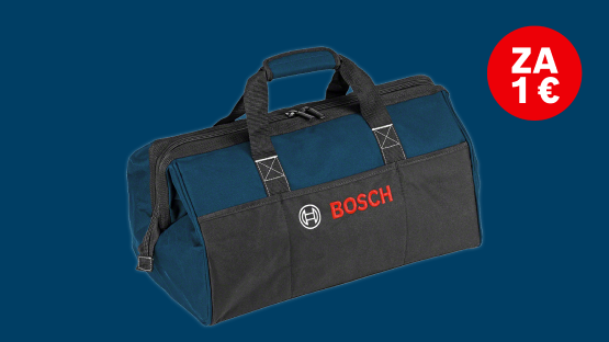 Modrá taška na náradie Bosch s čiernymi prvkami a červeným logom, na jednolatom pozadí.