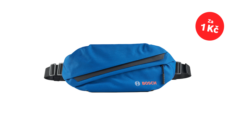 Modrá ledvinka Bosch Professional leží na bílém pozadí, s černým zipem.