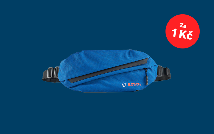 Modrá ledvinka Bosch Professional leží na jednobarevném pozadí. Má černý zip a nastavitelný popruh.
