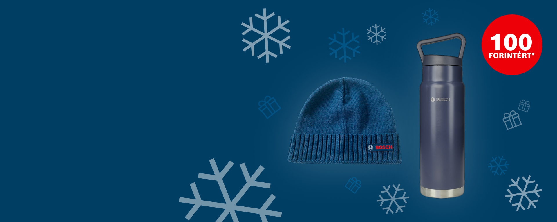 Kék háttér előtt: kék sapka és szürke termosz, hópelyhek és ajándékok.