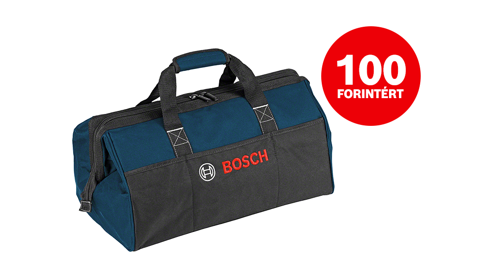 Fekete Bosch műhelytáska kék felső anyaggal és piros felirattal. A háttér fekete.