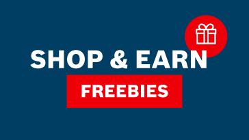 A blue background with the text "SHOP & EARN" in white and "FREEBIES" in red. A gift icon in the upper right corner.
