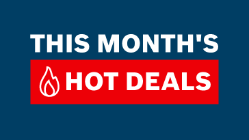 A blue background with the text "THIS MONTH'S HOT DEALS" in white and red, accompanied by a flame icon.