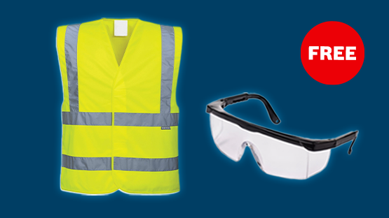 Yellow safety vest with reflective stripes and safety goggles on a dark blue background.