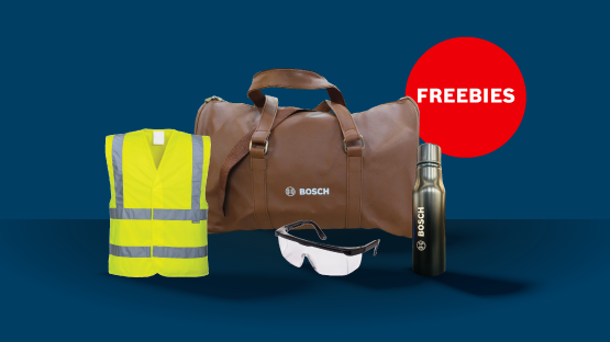 A yellow safety vest, a brown Bosch bag, safety glasses, and a black water bottle on a blue background.
