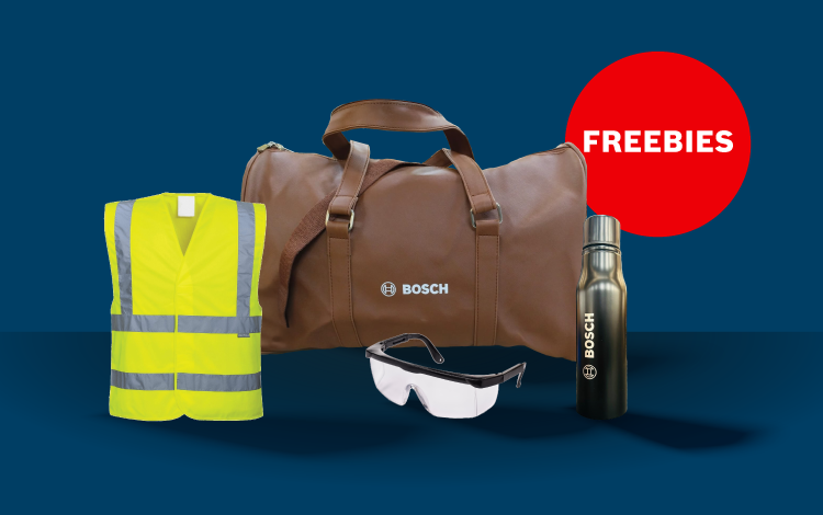 A yellow safety shirt with reflective stripes next to a brown Bosch bag, a water bottle, and safety glasses.