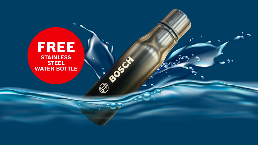 A black stainless steel water bottle from Bosch floats in blue water with splashes. The background is dark blue.