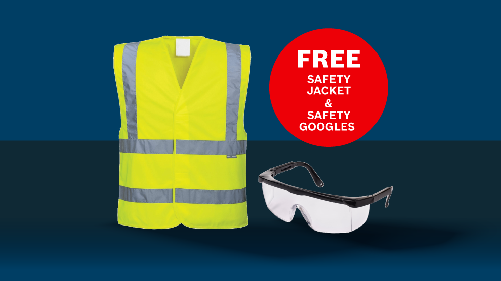 A yellow safety vest with reflective stripes to the left of clear safety glasses on a blue background.