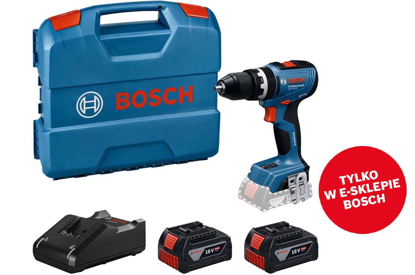 Niebieska skrzynka narzędziowa z logo BOSCH, wiertarka akumulatorowa i dwie baterie.