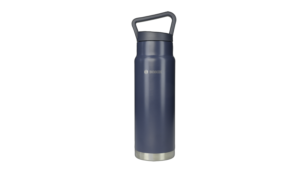 Ciemnoniebieska butelka termiczna z srebrnym dnem i solidnym uchwytem.
