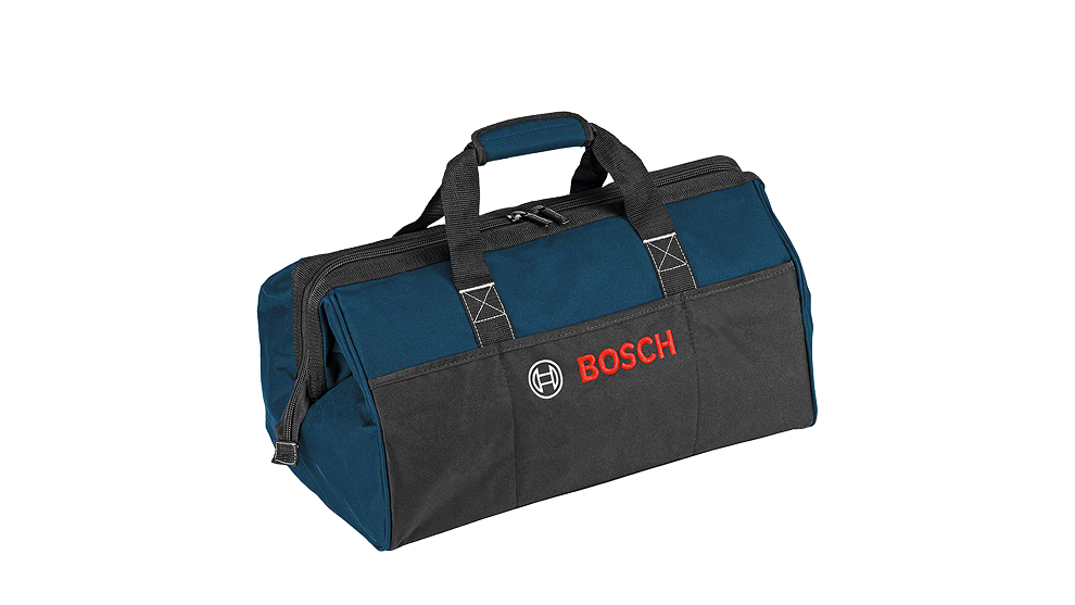 Czarna i niebieska torba narzędziowa Bosch Professional z czerwonym logo i dwoma uchwytami.