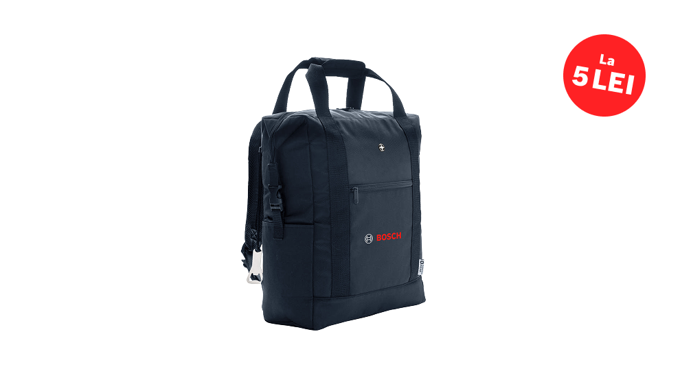 Un rucsac negru Bosch Professional stă pe un fundal alb, cu un autocolant roșu de preț "La 5 LEI".