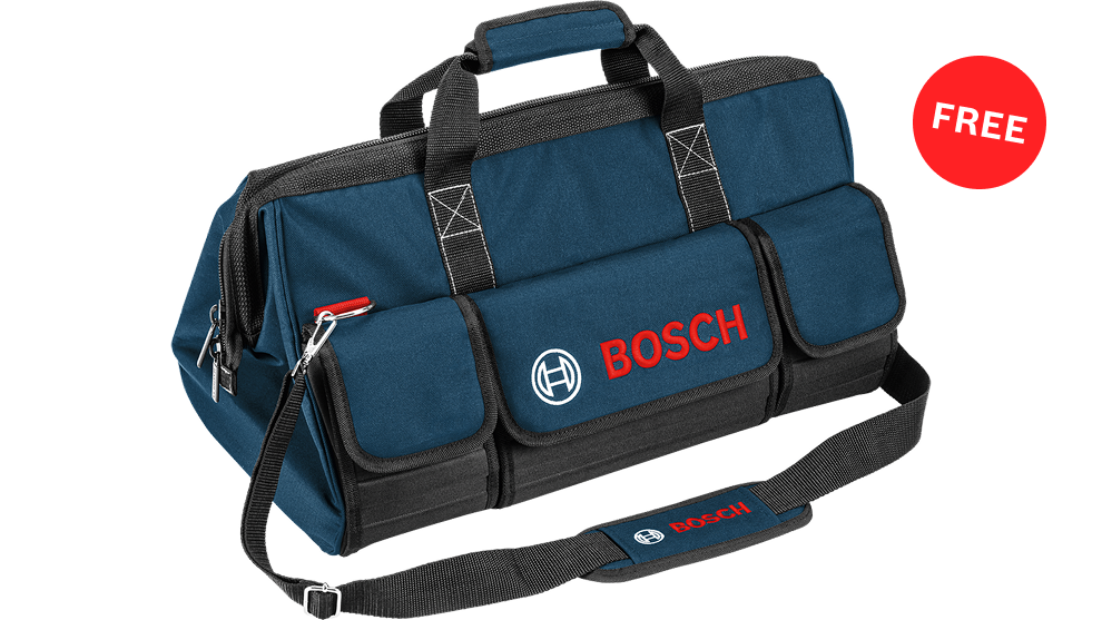 A dark blue tool bag from Bosch with red logos, on a black background, in an upright position.