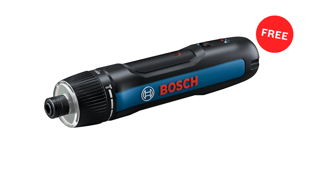 A black Bosch Professional cordless drill with blue lettering and a red button on a black background.