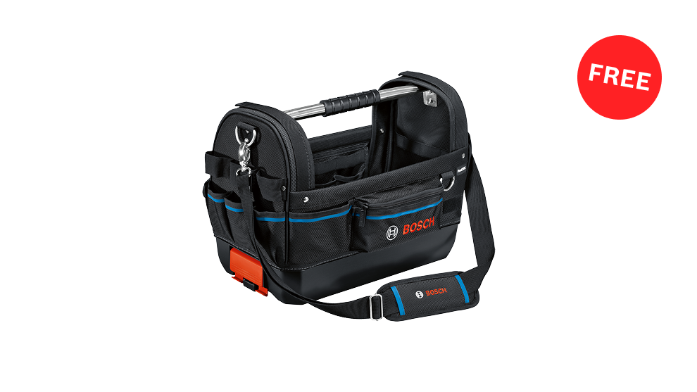 A black tool bag from Bosch Professional with blue accents and a shoulder strap, on a white background.
