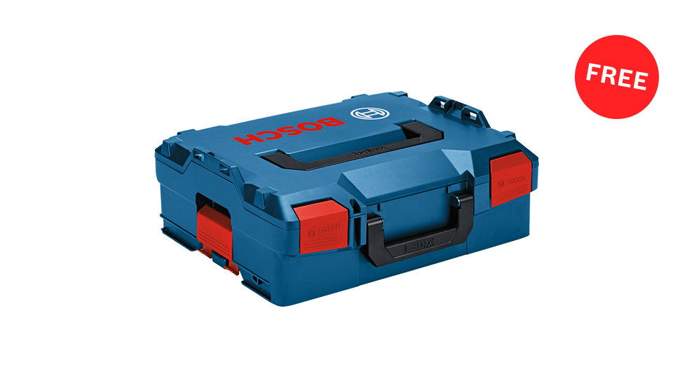 A blue Bosch Professional toolbox with a red logo and handle, on a white background. There are red latches on top.