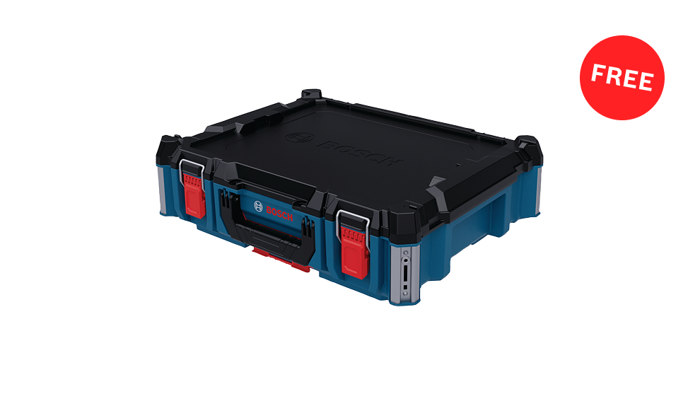A black tool case from Bosch Professional with blue and red accents, closed, on a white background.