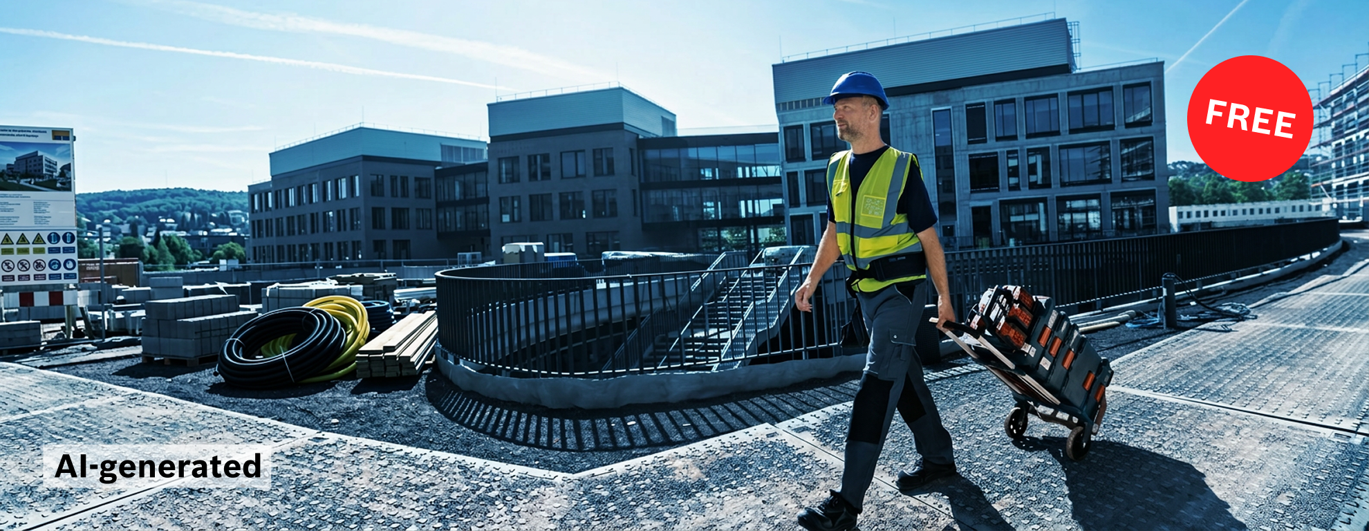 A worker in safety clothing with a blue helmet is pulling a tool cart across a construction site. In the background, modern buildings.