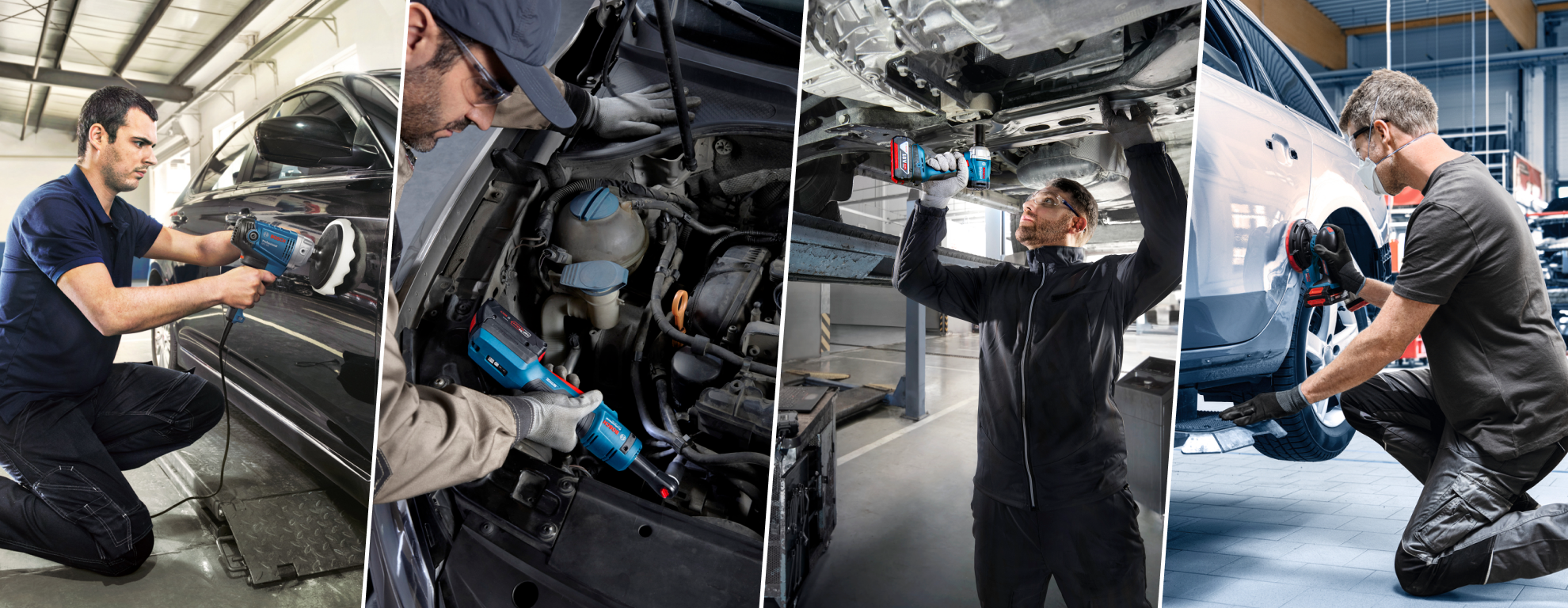 Four mechanics are working in a modern workshop with Bosch Professional tools on cars.