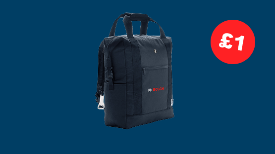 A black Bosch Professional backpack stands on a blue background, with a red price tag (£1).