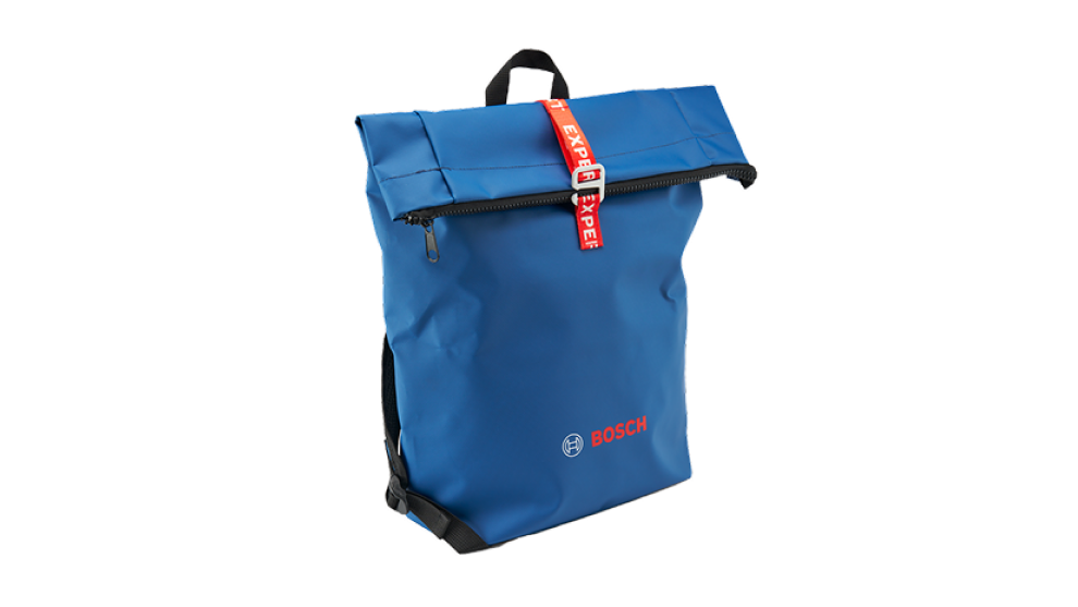 A blue backpack with a red zipper and a black carrying handle, on a white background.