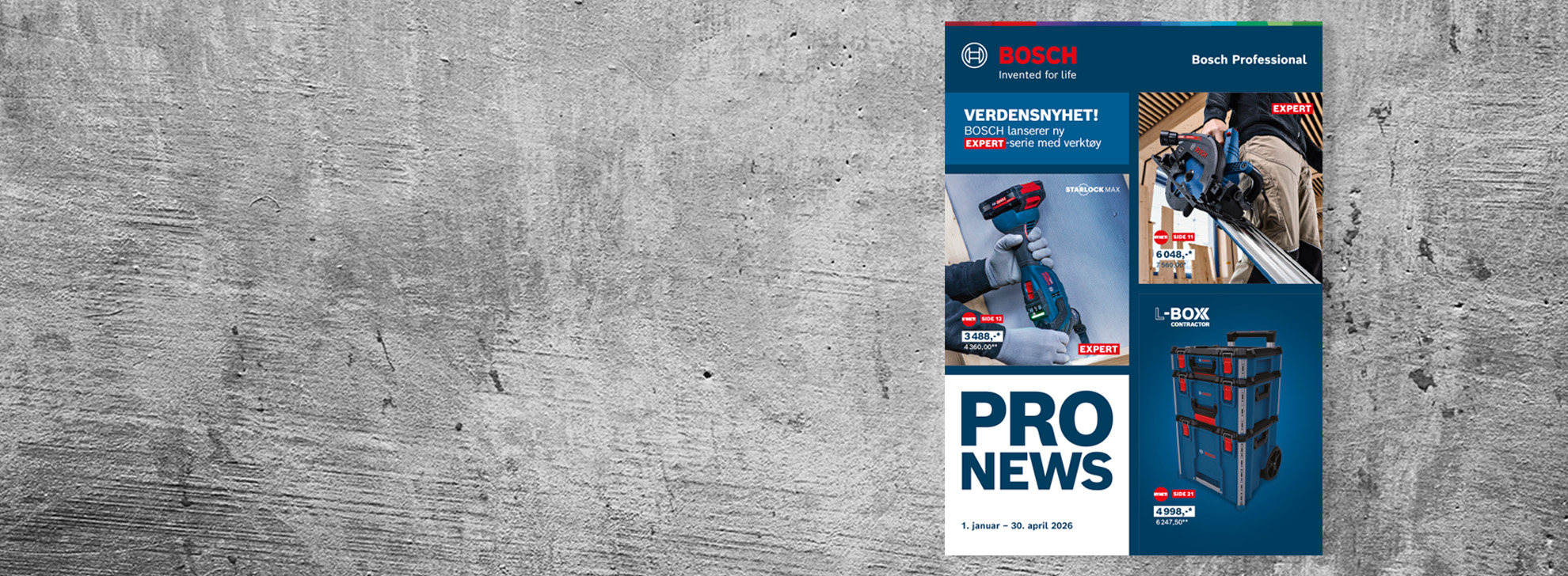 En reklameflyer fra Bosch med bilder av verktøy og priser på grå bakgrunn.