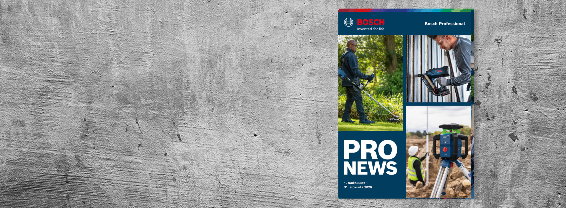 Harmaa tausta, jossa on otsikko "PRO NEWS" ja kuvia Bosch Professional -työkaluista ja käyttäjistä.
