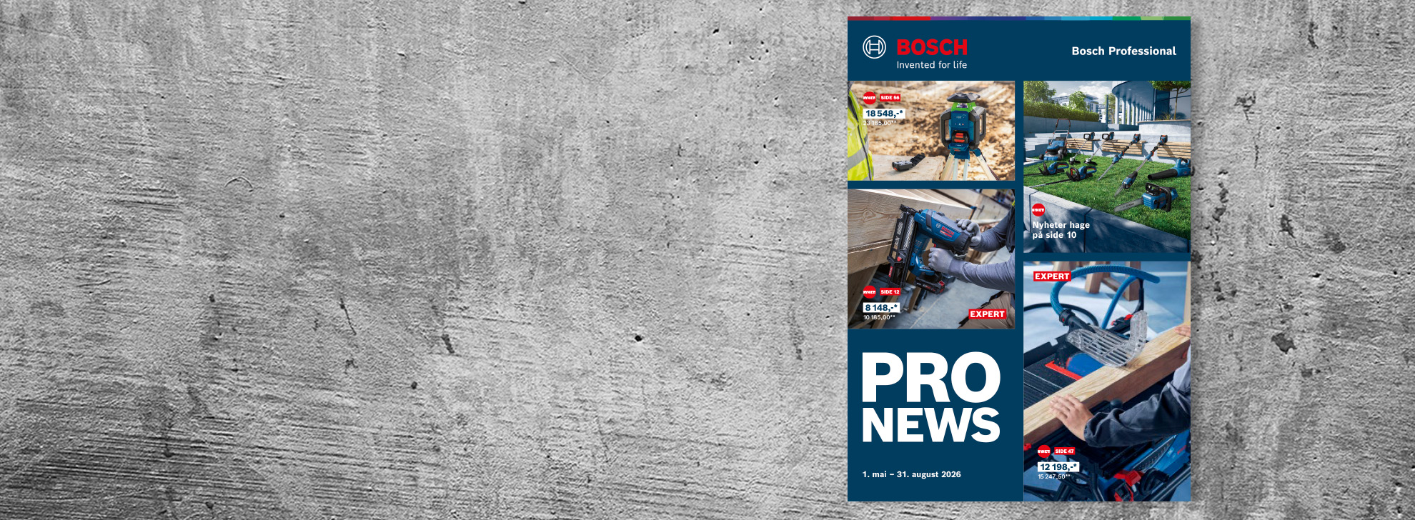 En brosjyre fra Bosch Professional viser forskjellige verktøy i bruksområder på grå bakgrunn.