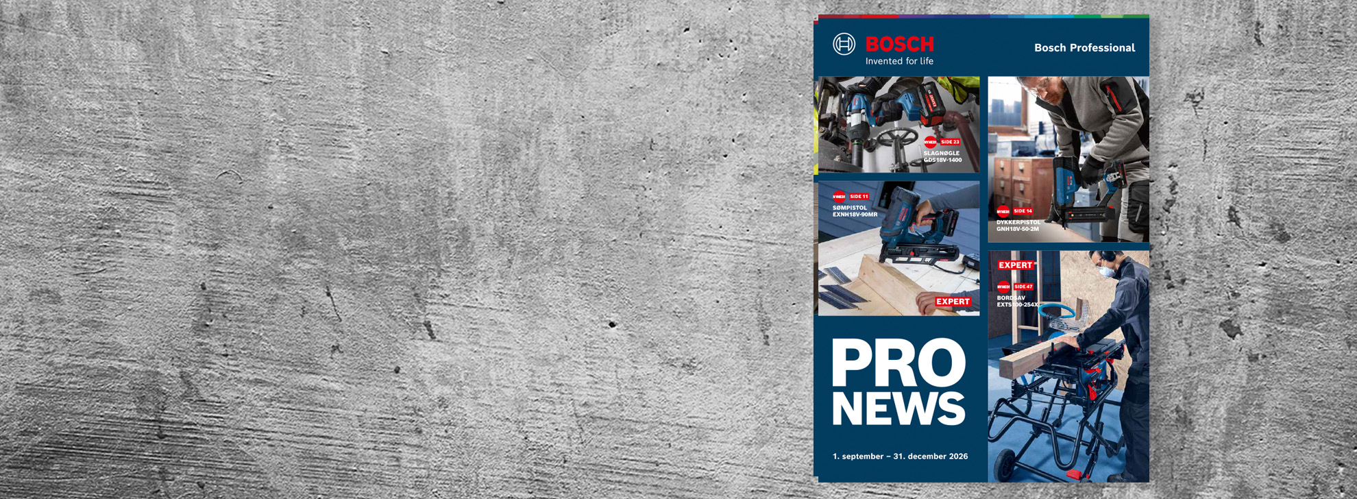 En blå Bosch Professional katalog med billeder af værktøjer på en grå, struktureret baggrund.