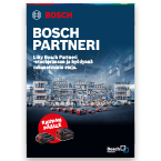 Bosch Professional -katalogi on työkalujen ja tarvikkeiden taustalla olevan hyllyn edessä. Katalogi on sininen, ja siinä on valkoisella kirjoitettu "BOSCH PARTNER".