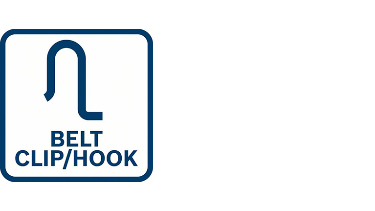 Logotyp för en bältesklämma eller krok i blått och vitt.