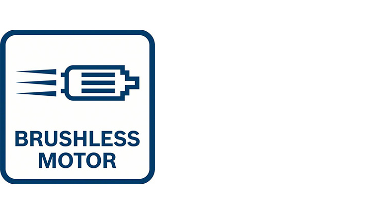 Logotyp för borstlös motor i blått på vit bakgrund.