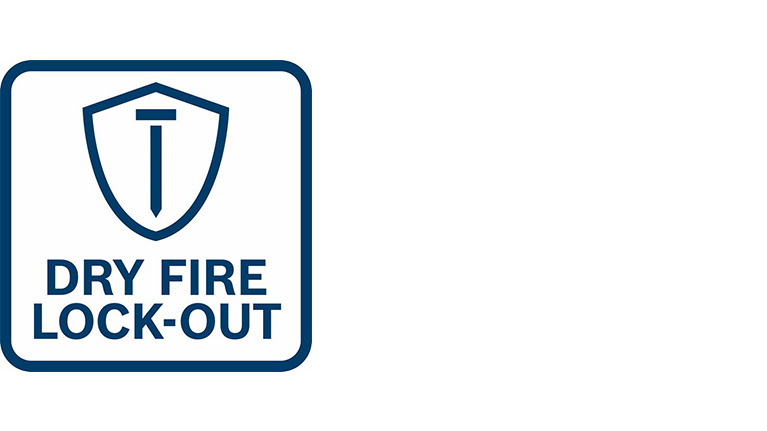 Symbol för "Dry Fire Lock-Out" i blått på vit bakgrund.