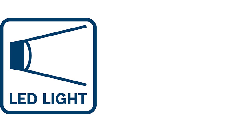 En blå symbol för LED-ljus i en rektangulär ram.