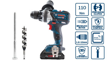 Un tournevis sans fil bleu Bosch Professional avec des embouts et une vis.