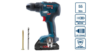 Un tournevis sans fil bleu Bosch Professional est posé à côté d'une vis et d'une perceuse.