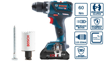 Un visseuse sans fil Bosch Professional avec un foret et une vis sur fond blanc.