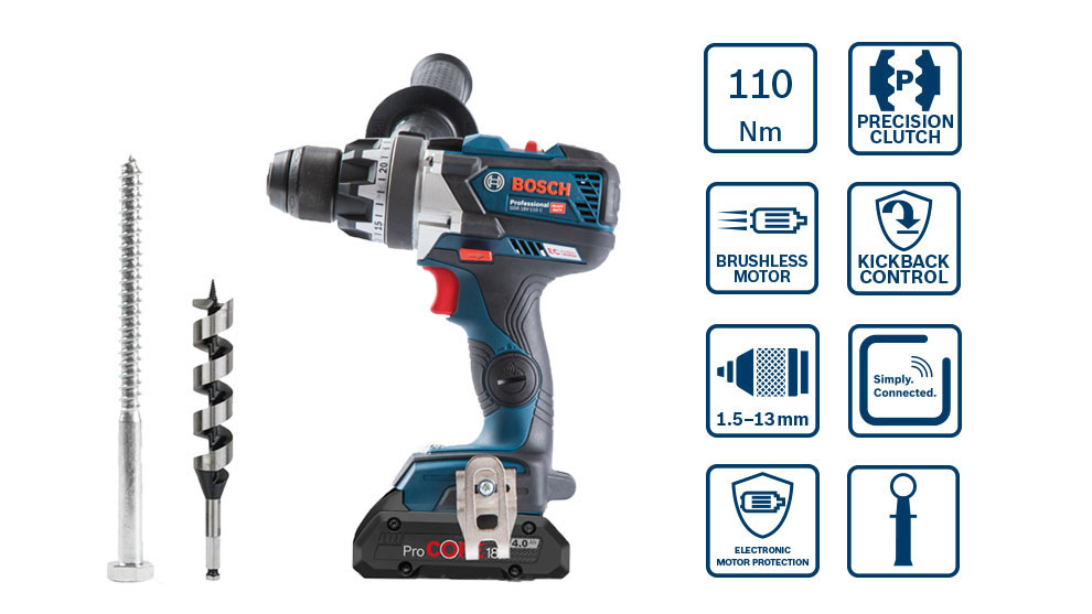 Perceuse sans fil Bosch Professional avec une vis et un foret à bois à côté.