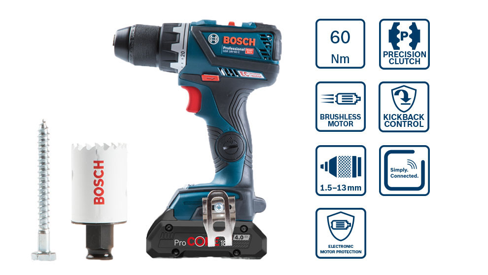 Une perceuse sans fil Bosch Professional est posée à côté d'une vis et d'un foret.