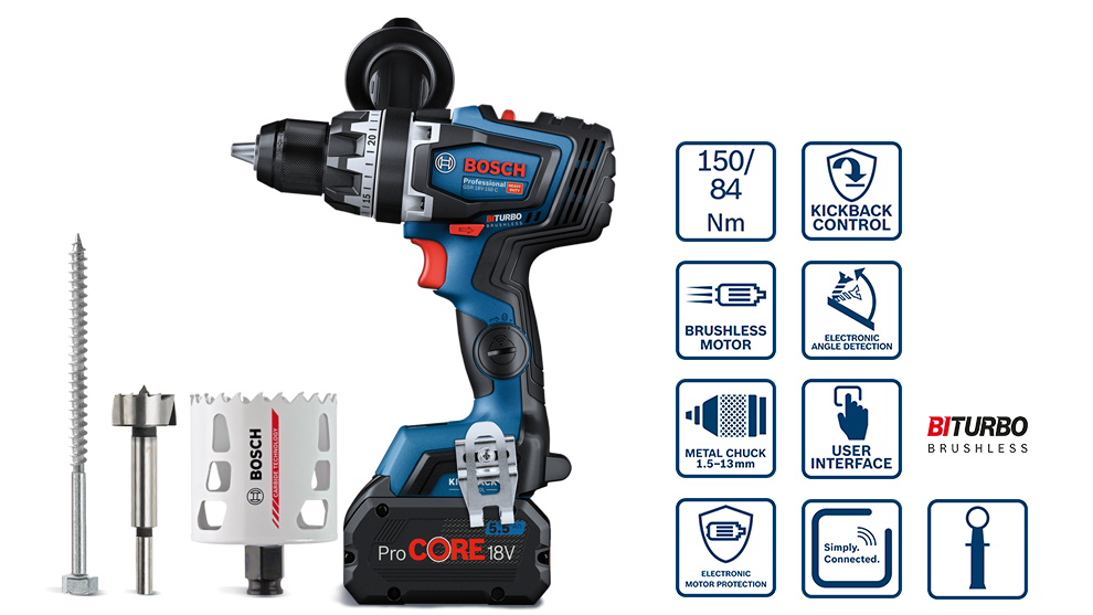 Une perceuse sans fil bleue Bosch Professional se tient à côté des accessoires.