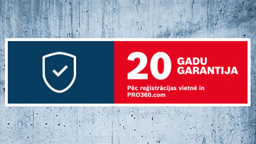 Baneris ar zilu un sarkanu laukumu, 20 gadu garantija, aizsardzības simbols.