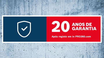 Banner com fundo azul e vermelho, 20 anos de garantia, símbolo de proteção.