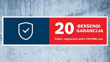 Un banner roșu și albastru cu 20 de ani garanție și un simbol de scut.