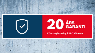 En banner med blå och röd yta, 20 års garanti står skrivet på den.