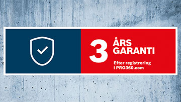 Ett skylt med blå och röd bakgrund. Det står "3 ÅRS GARANTI" på den.
