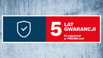Baner z niebieskim i czerwonym tłem, pokazuje symbol tarczy i tekst "5 LAT GWARANCJI".
