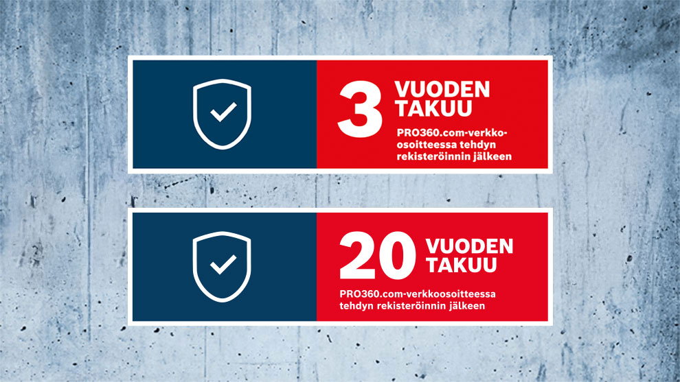 Kaksi takuu-banneria Boschille: 3 ja 20 vuotta, harmaalla taustalla.