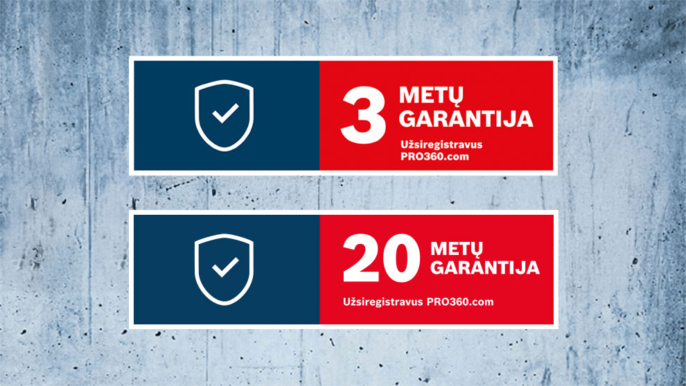 Du garantiniai ženklai raudonos ir mėlynos spalvos ant betono fono.